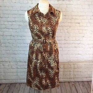 White Stag Dress Brown Animal Print Belted Shirt Dress Sleeveless Size 16